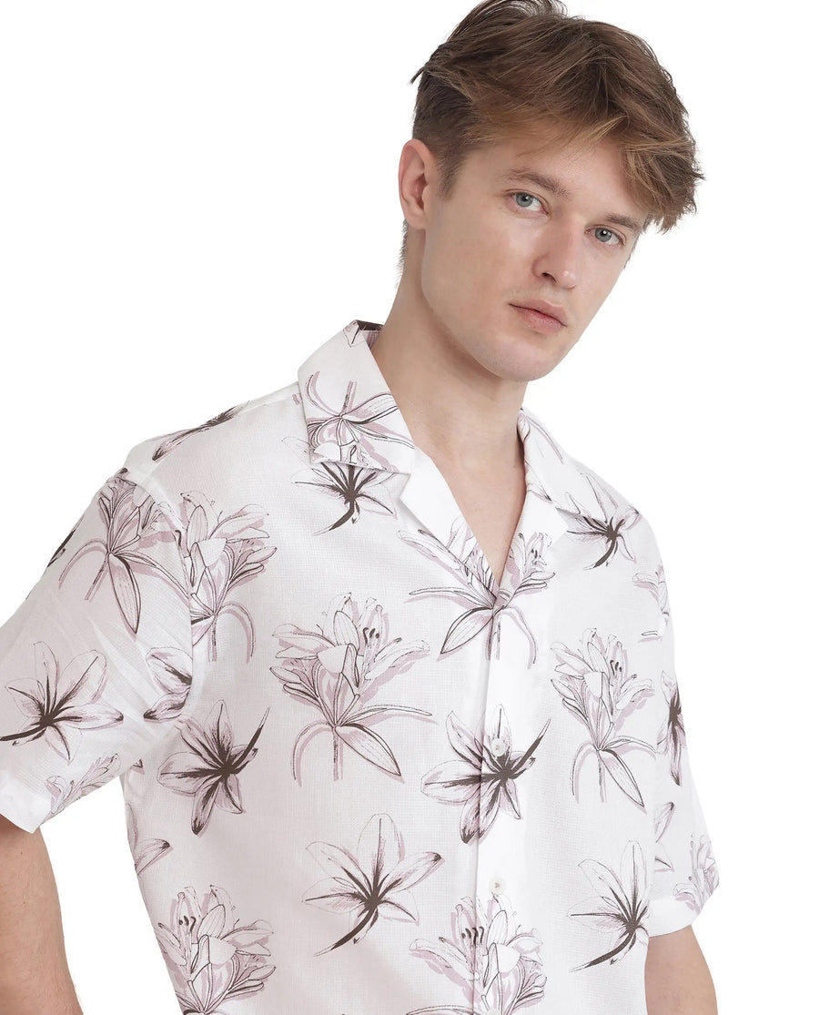 Rare Rabbit Men's Strup White Cotton Floral Print Boxy Fit Half Sleeve Cuban Collar Shirt