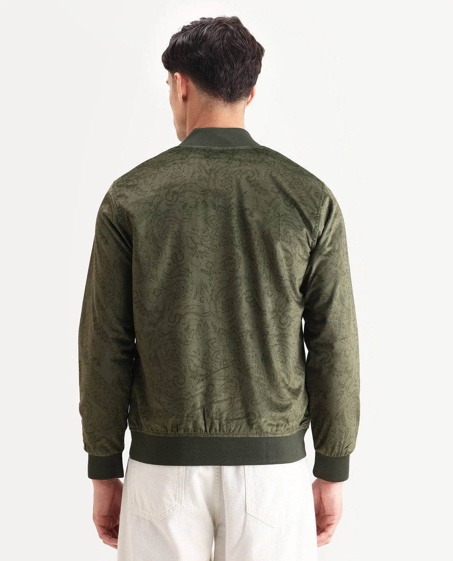 Rare Rabbit Men's Suedo Green Polyester Fabric Mandarin Collar Regular Fit Paisley Print Jacket