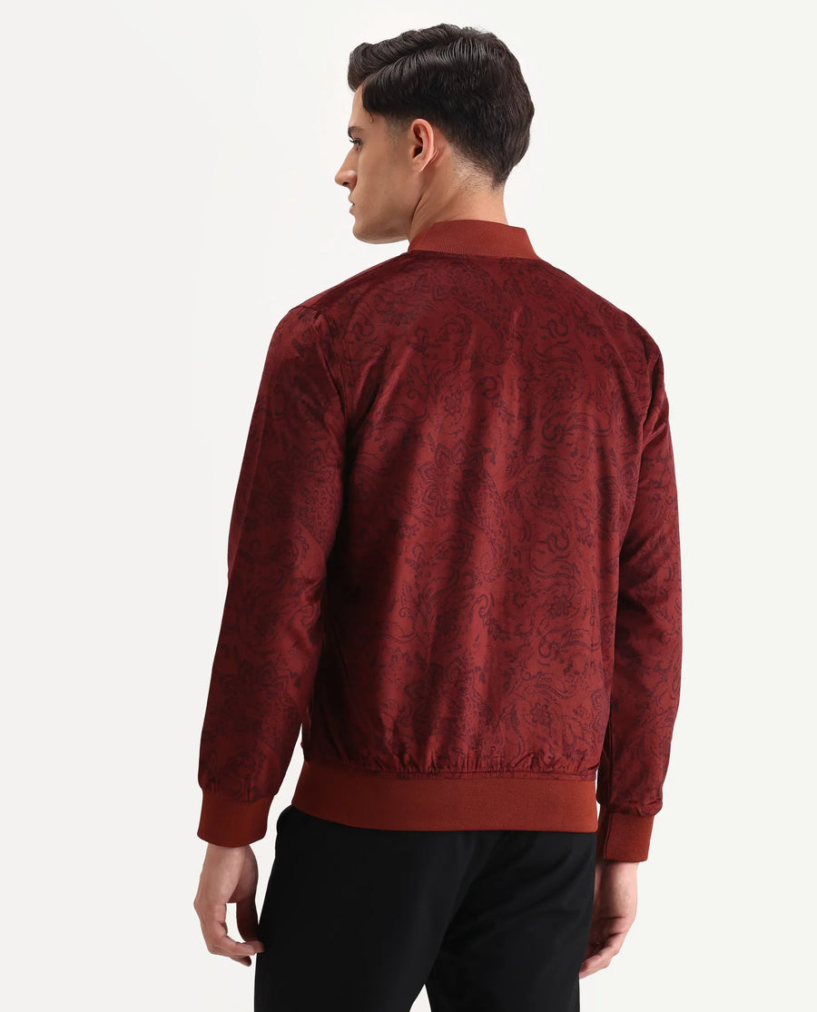 Rare Rabbit Men's Suedo Rust Polyester Fabric Mandarin Collar Regular Fit Paisley Print Jacket
