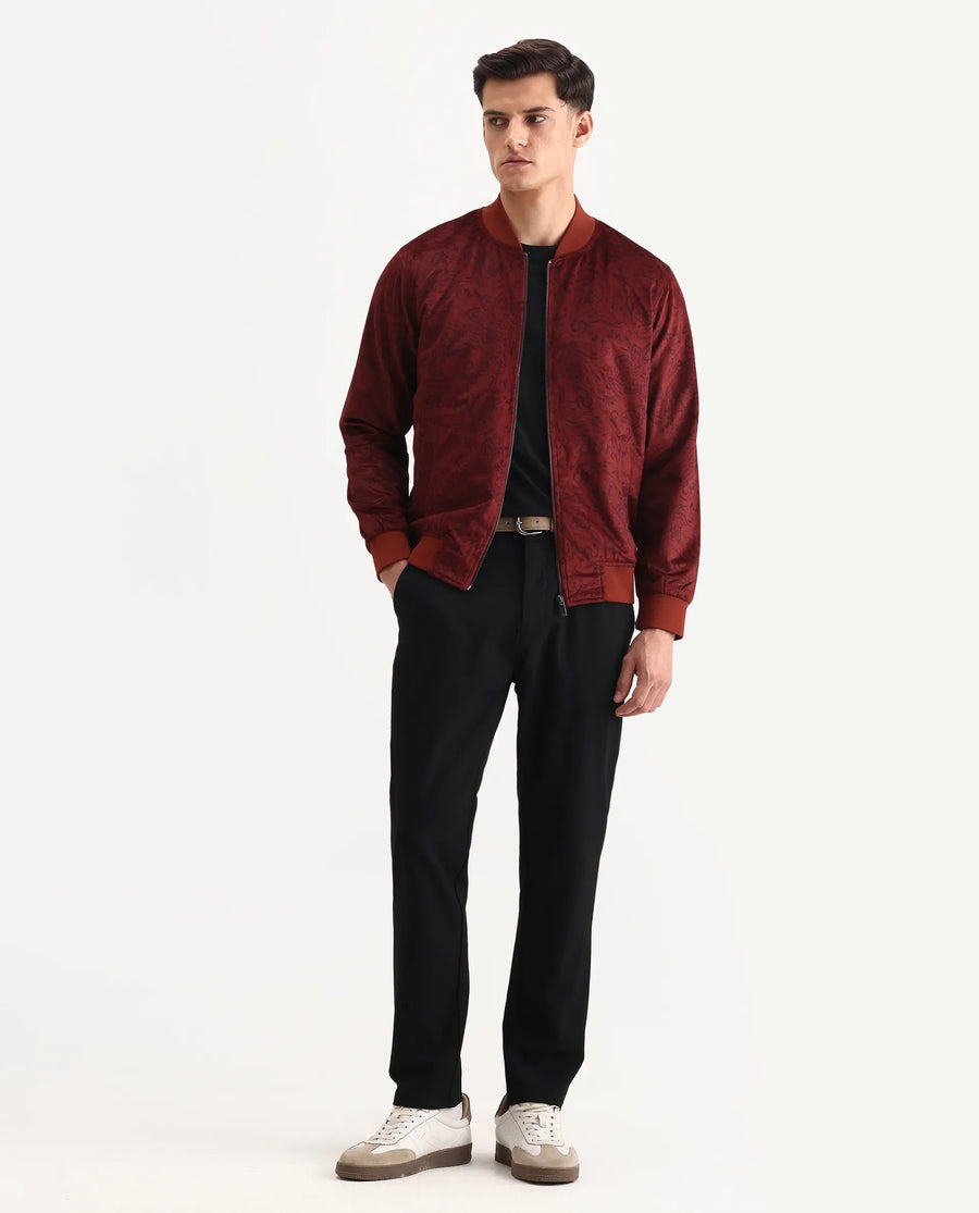 Rare Rabbit Men's Suedo Rust Polyester Fabric Mandarin Collar Regular Fit Paisley Print Jacket