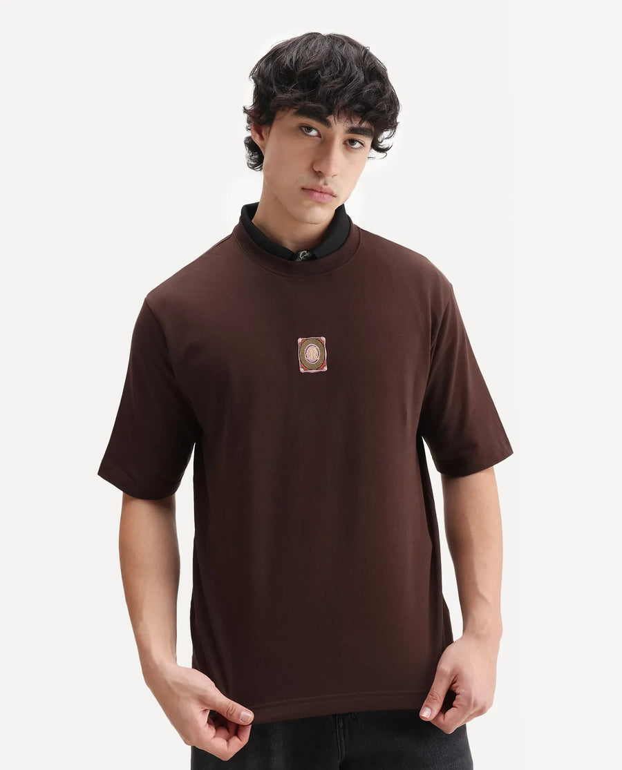 Rare Rabbit Men's Sues Brown Cotton Graphic Print Oversized Fit Half Sleeve Crew Neck T-Shirt