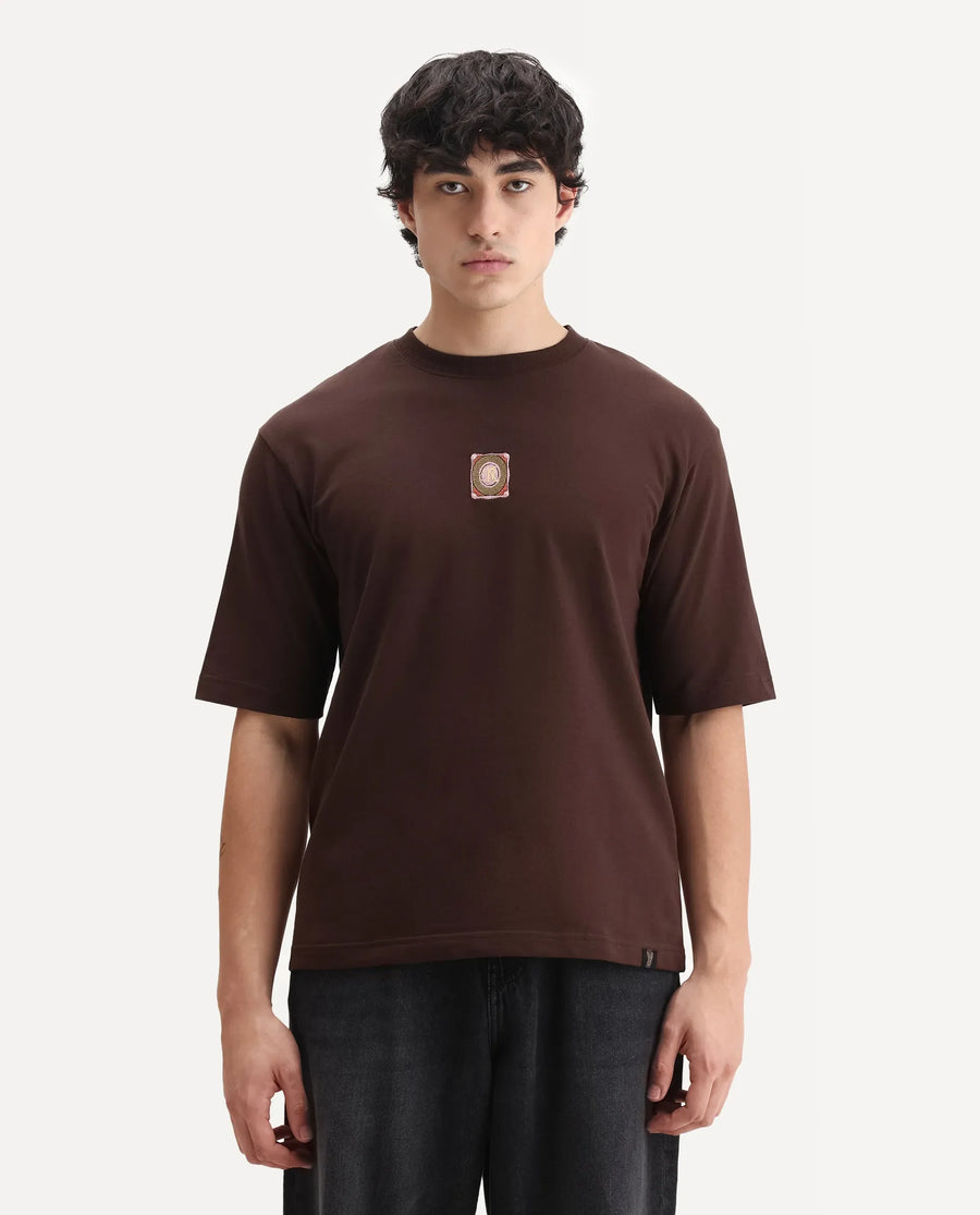 Rare Rabbit Men's Sues Brown Cotton Graphic Print Oversized Fit Half Sleeve Crew Neck T-Shirt