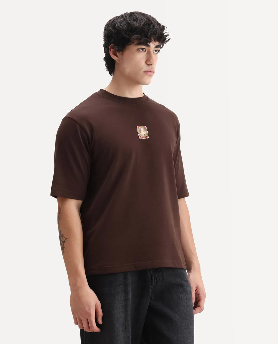 Rare Rabbit Men's Sues Brown Cotton Graphic Print Oversized Fit Half Sleeve Crew Neck T-Shirt
