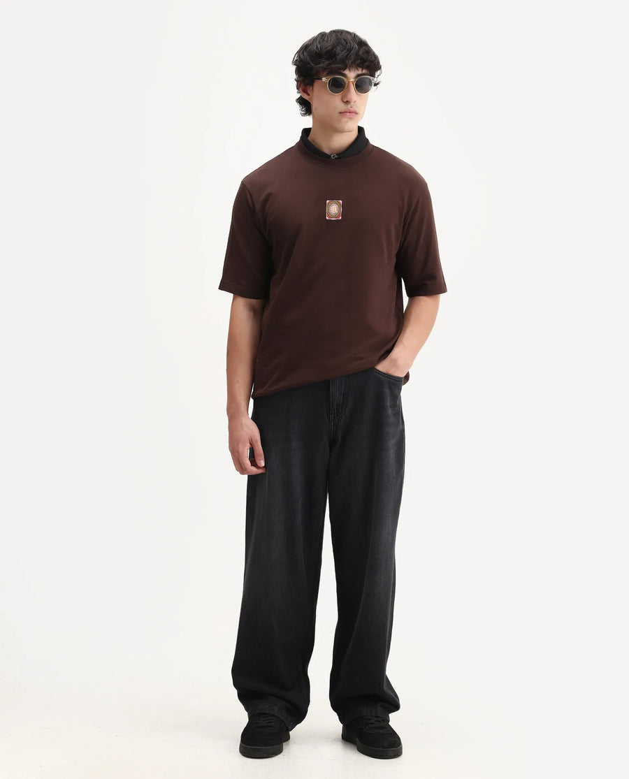 Rare Rabbit Men's Sues Brown Cotton Graphic Print Oversized Fit Half Sleeve Crew Neck T-Shirt