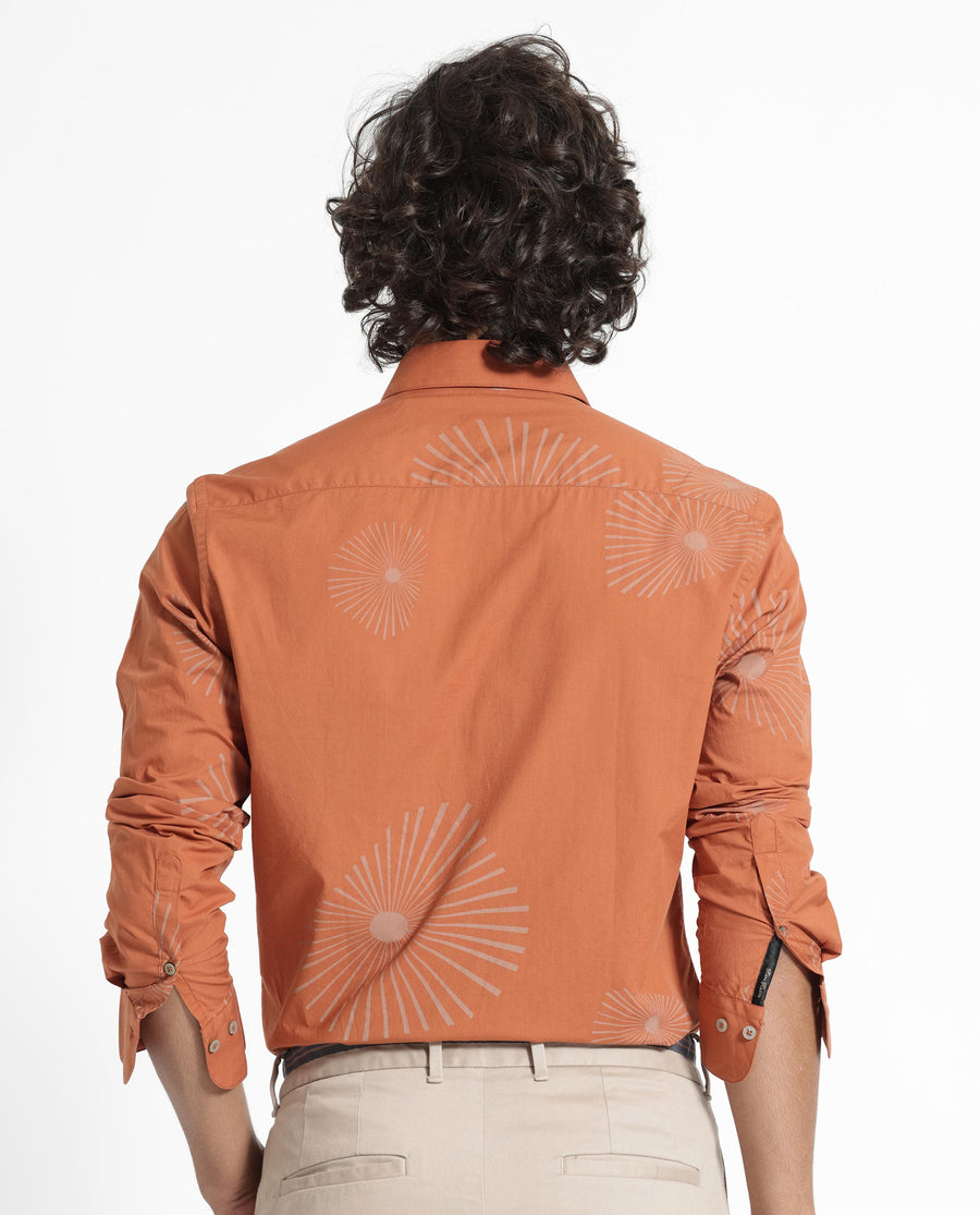 Rare Rabbit Men's Sunn Orange Cotton Floral Print Regular Fit Full Sleeve Collared Shirt
