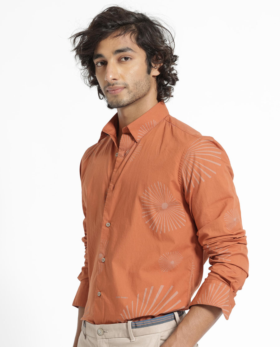 Rare Rabbit Men's Sunn Orange Cotton Floral Print Regular Fit Full Sleeve Collared Shirt