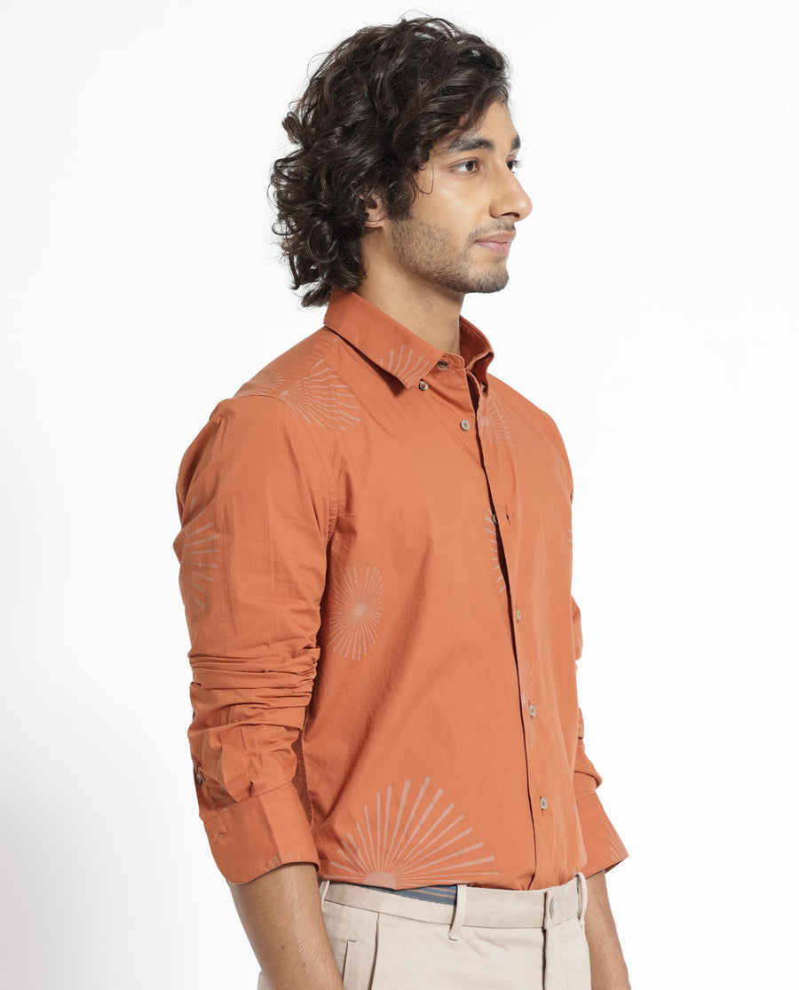 Rare Rabbit Men's Sunn Orange Cotton Floral Print Regular Fit Full Sleeve Collared Shirt