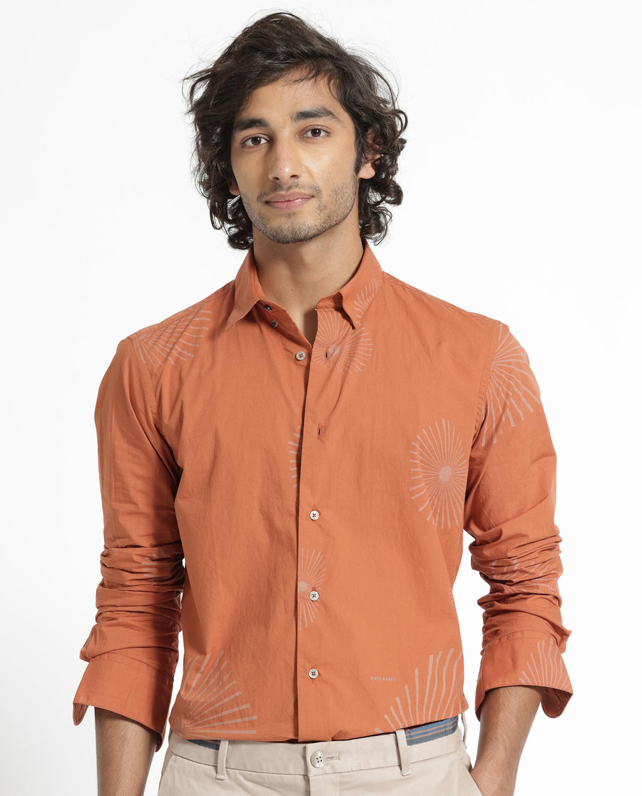 Rare Rabbit Men's Sunn Orange Cotton Floral Print Regular Fit Full Sleeve Collared Shirt