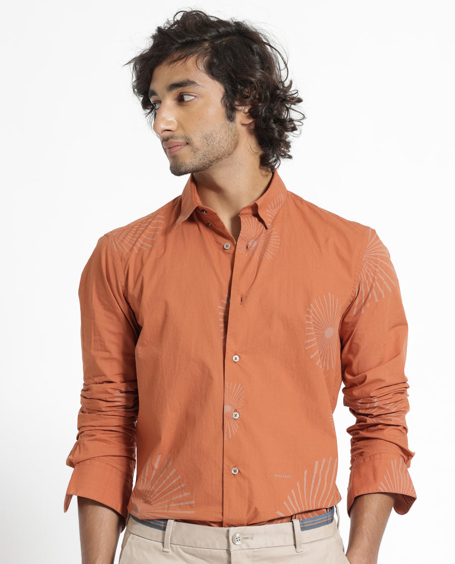 Rare Rabbit Men's Sunn Orange Cotton Floral Print Regular Fit Full Sleeve Collared Shirt