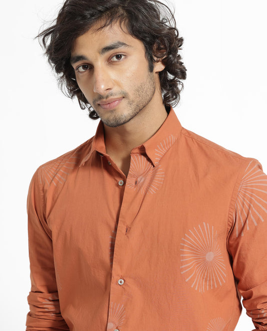 Rare Rabbit Men's Sunn Orange Cotton Floral Print Regular Fit Full Sleeve Collared Shirt