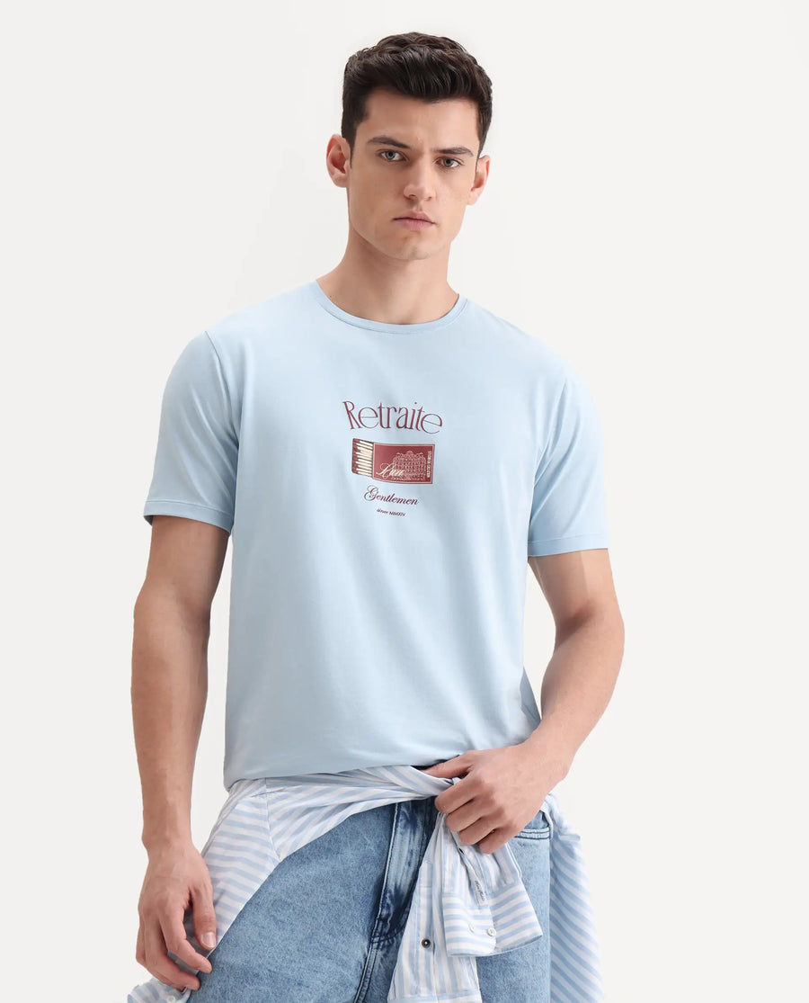 Rare Rabbit Men's Swift Light Blue Cotton Blend Graphic Print Regular Fit Half Sleeve Crew Neck T-Shirt