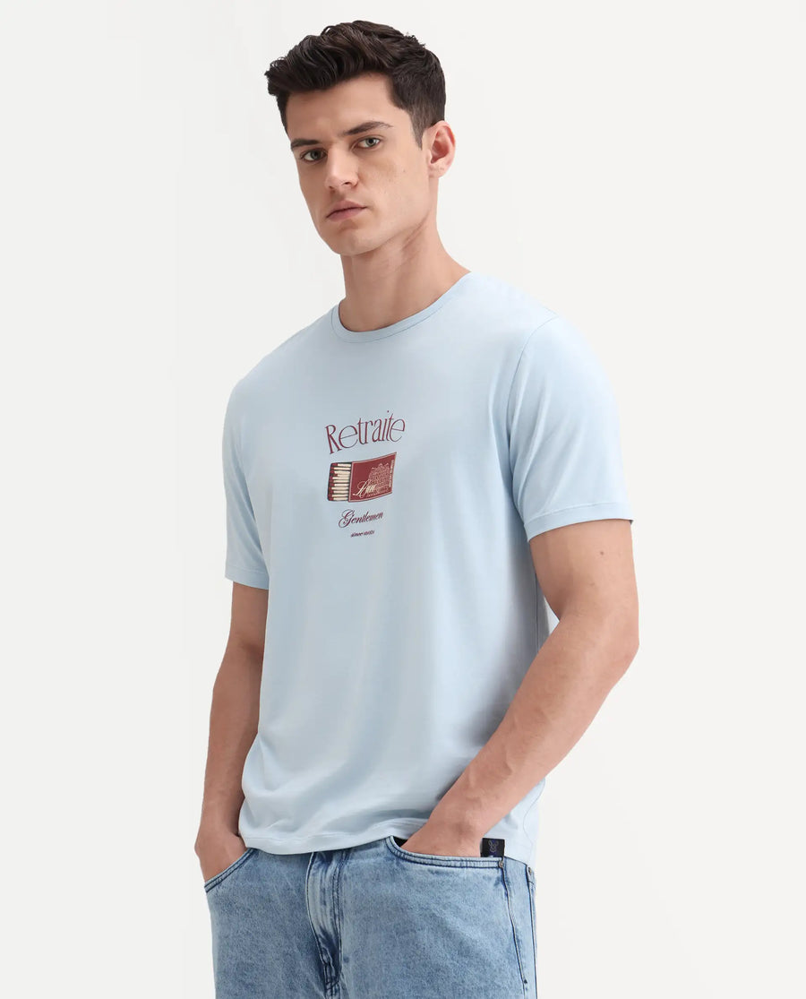 Rare Rabbit Men's Swift Light Blue Cotton Blend Graphic Print Regular Fit Half Sleeve Crew Neck T-Shirt