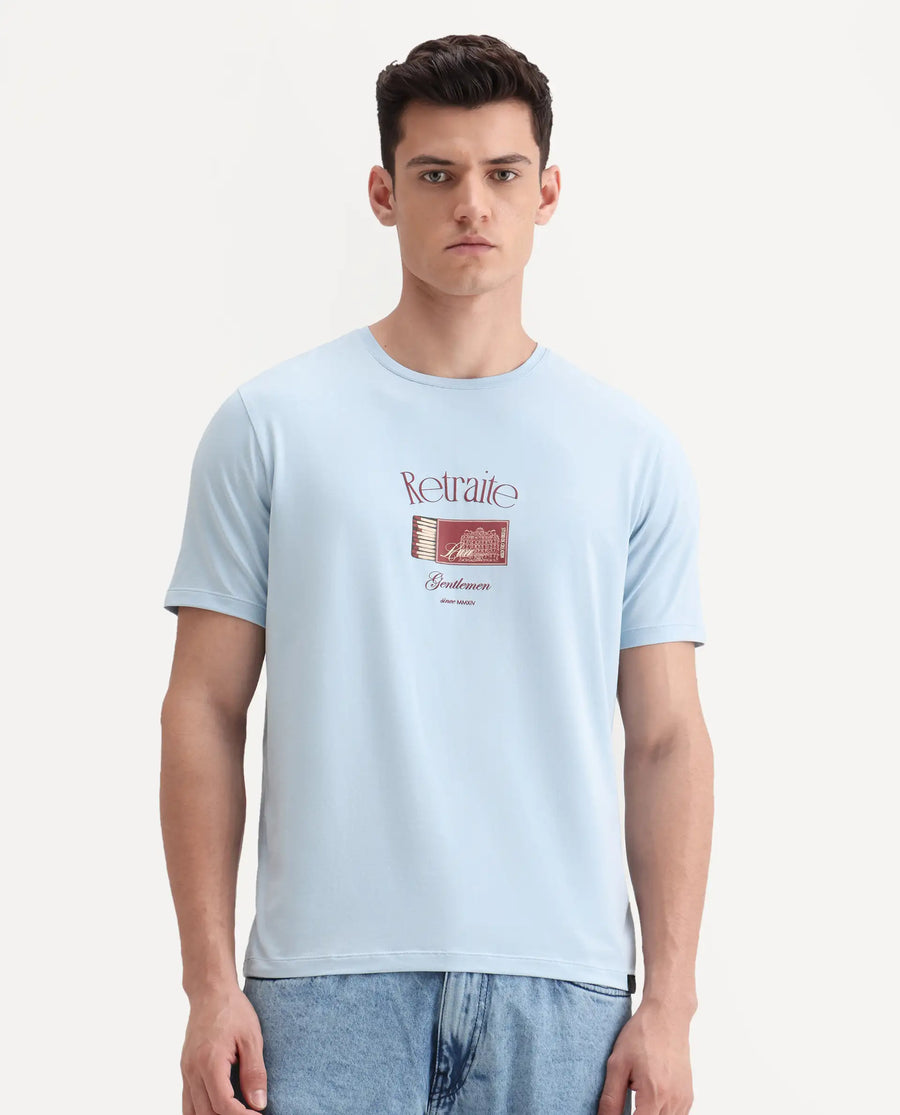 Rare Rabbit Men's Swift Light Blue Cotton Blend Graphic Print Regular Fit Half Sleeve Crew Neck T-Shirt