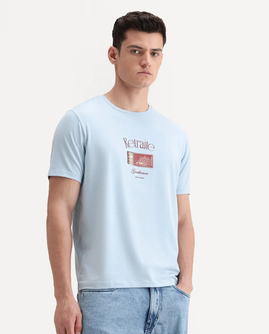 Rare Rabbit Men's Swift Light Blue Cotton Blend Graphic Print Regular Fit Half Sleeve Crew Neck T-Shirt