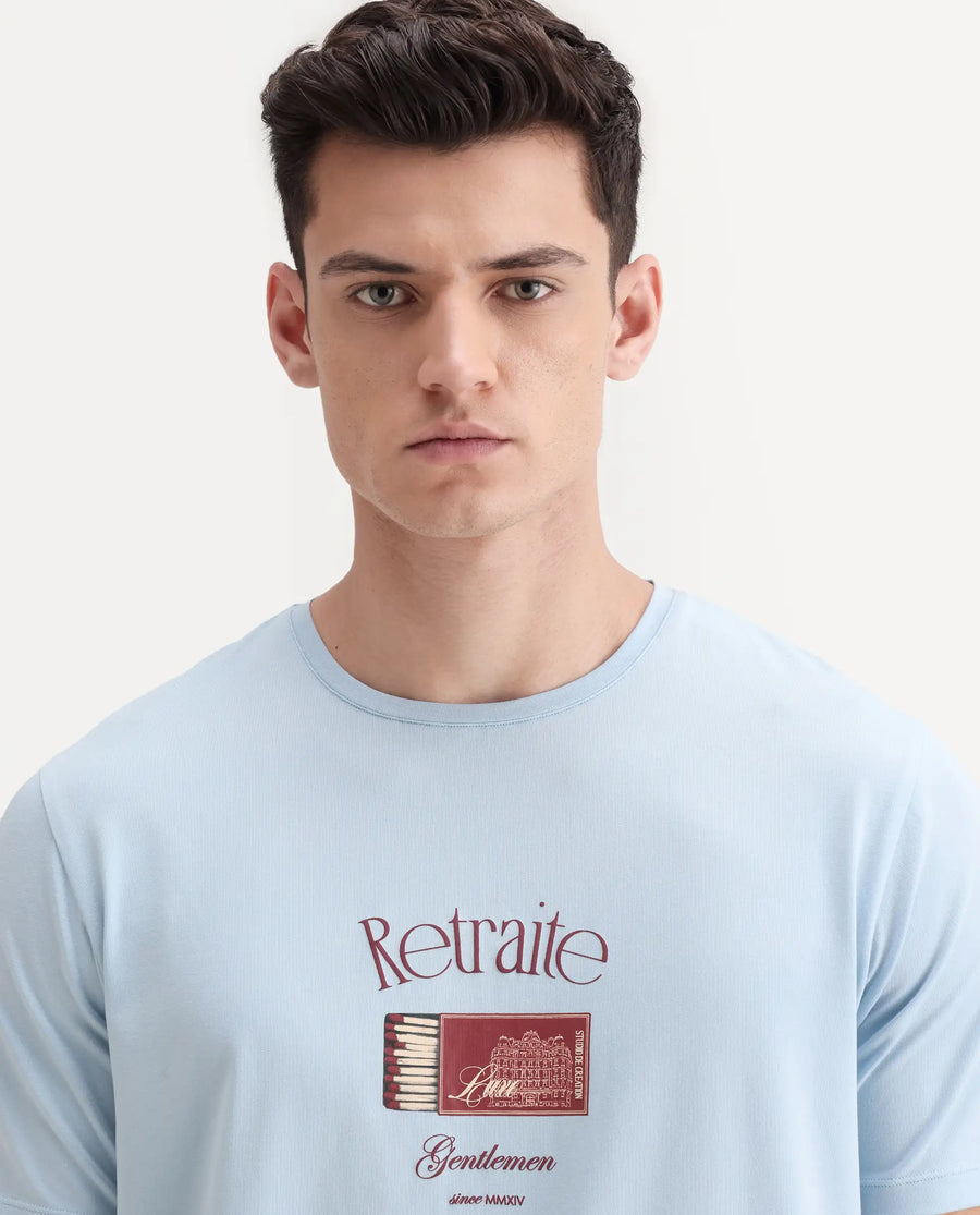 Rare Rabbit Men's Swift Light Blue Cotton Blend Graphic Print Regular Fit Half Sleeve Crew Neck T-Shirt