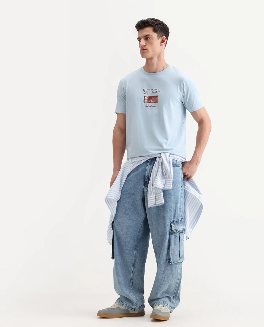Rare Rabbit Men's Swift Light Blue Cotton Blend Graphic Print Regular Fit Half Sleeve Crew Neck T-Shirt
