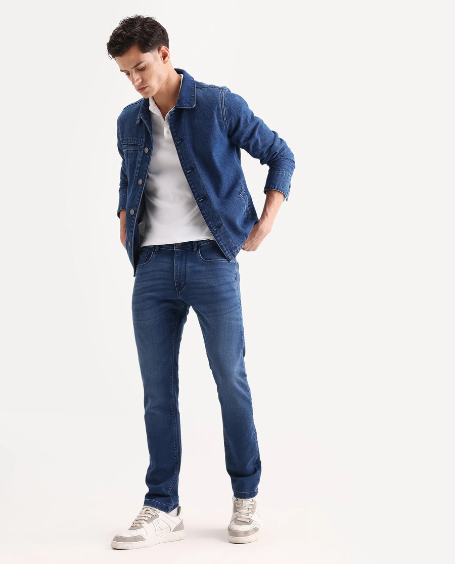 Rare Rabbit Men's Switz-2 Blue Cotton Blend Fabric Hawk Slim Plain Jeans
