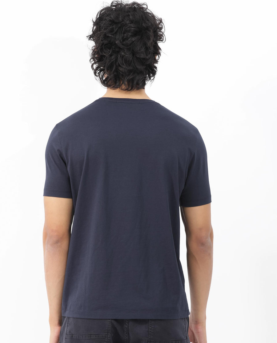 Rare Rabbit Men's Syrus Navy Cotton Blend Graphic Print Regular Fit Half Sleeve Crew Neck T-Shirt