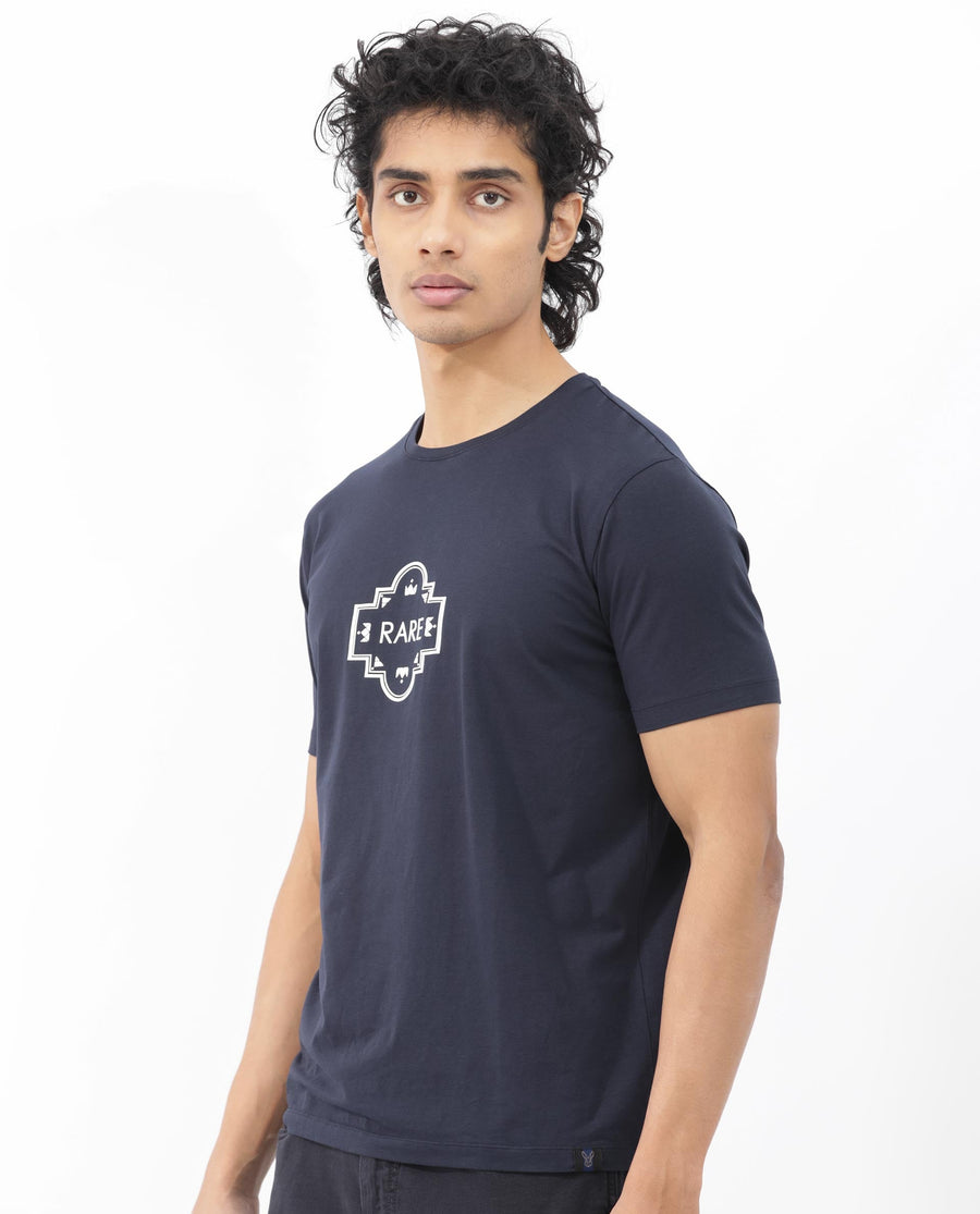 Rare Rabbit Men's Syrus Navy Cotton Blend Graphic Print Regular Fit Half Sleeve Crew Neck T-Shirt