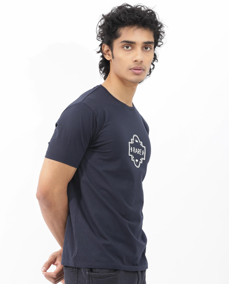 Rare Rabbit Men's Syrus Navy Cotton Blend Graphic Print Regular Fit Half Sleeve Crew Neck T-Shirt