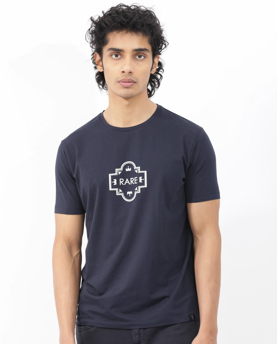 Rare Rabbit Men's Syrus Navy Cotton Blend Graphic Print Regular Fit Half Sleeve Crew Neck T-Shirt