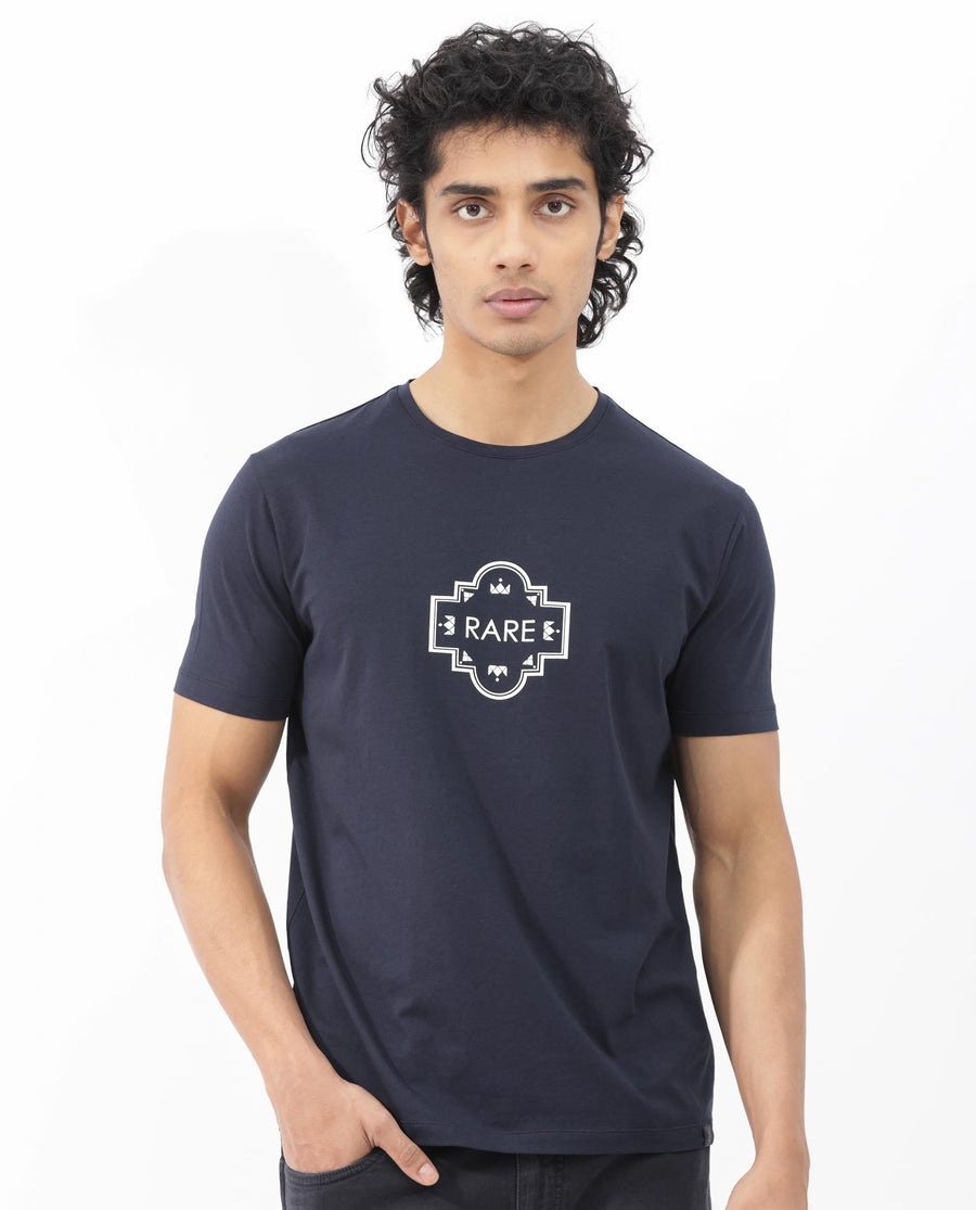 Rare Rabbit Men's Syrus Navy Cotton Blend Graphic Print Regular Fit Half Sleeve Crew Neck T-Shirt