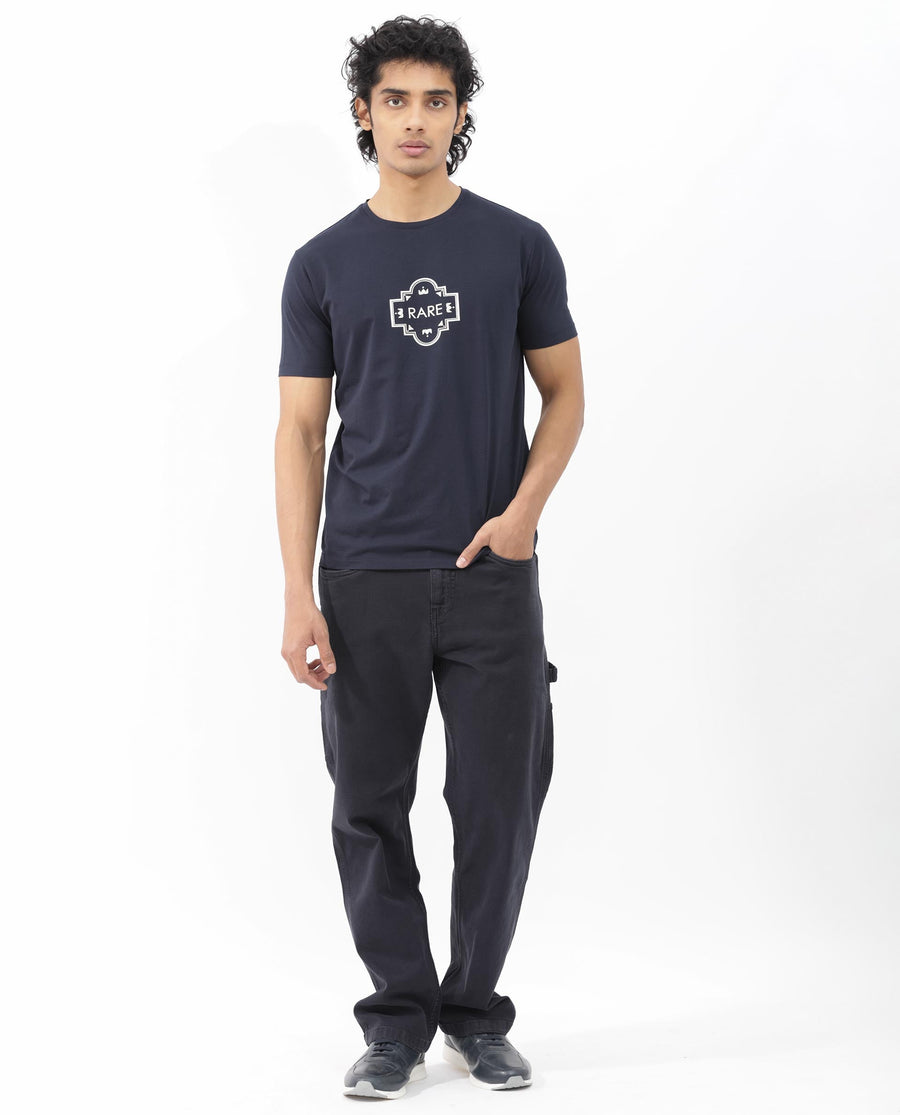 Rare Rabbit Men's Syrus Navy Cotton Blend Graphic Print Regular Fit Half Sleeve Crew Neck T-Shirt