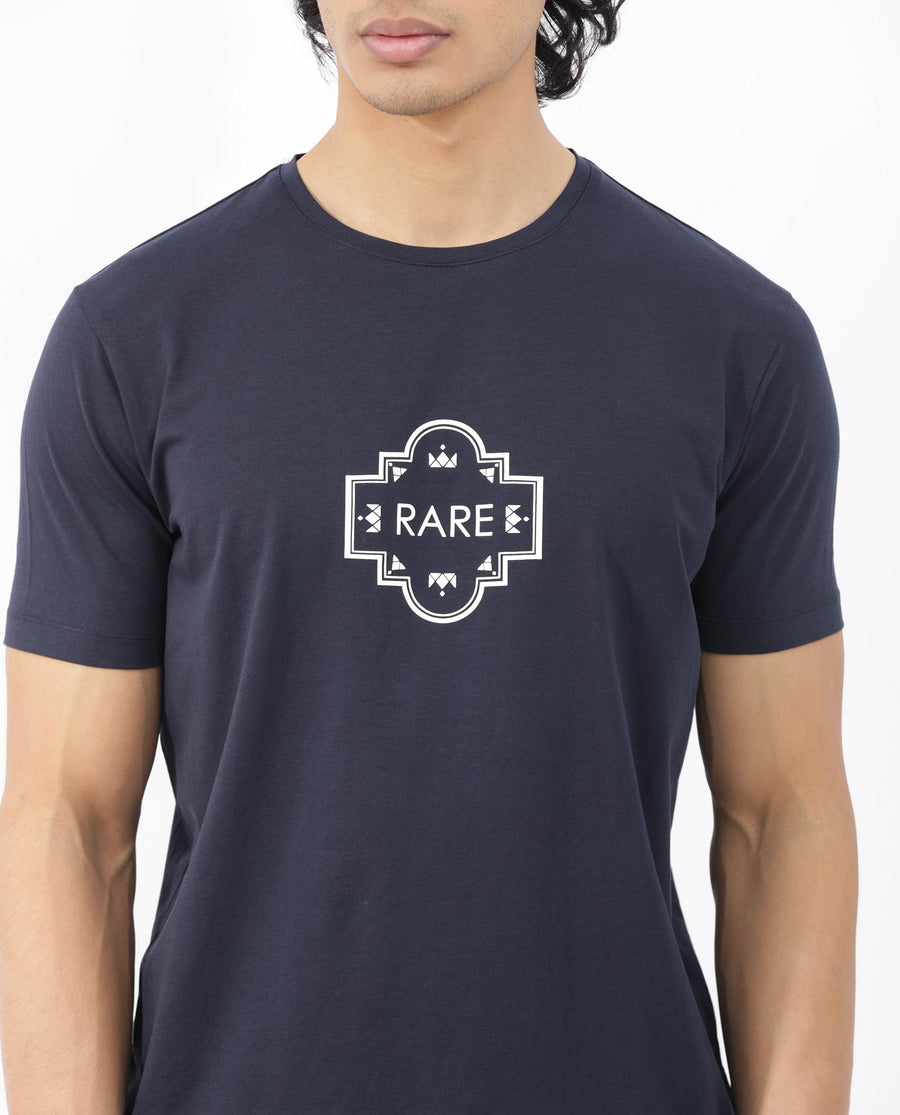 Rare Rabbit Men's Syrus Navy Cotton Blend Graphic Print Regular Fit Half Sleeve Crew Neck T-Shirt