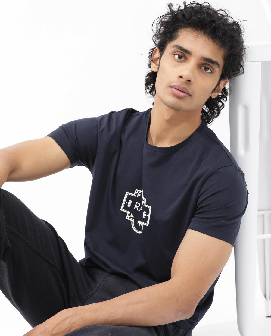 Rare Rabbit Men's Syrus Navy Cotton Blend Graphic Print Regular Fit Half Sleeve Crew Neck T-Shirt