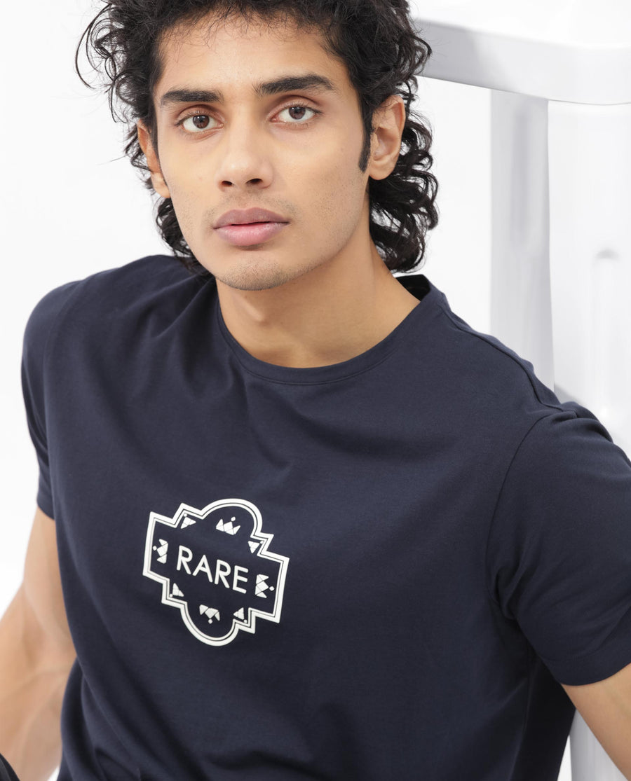 Rare Rabbit Men's Syrus Navy Cotton Blend Graphic Print Regular Fit Half Sleeve Crew Neck T-Shirt