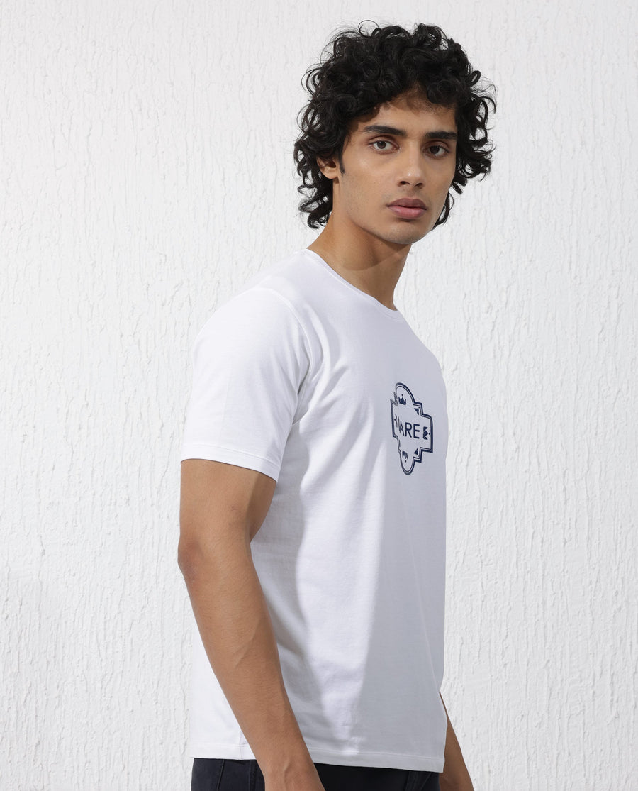 Rare Rabbit Men's Syrus White Cotton Blend Graphic Print Regular Fit Half Sleeve Crew Neck T-Shirt