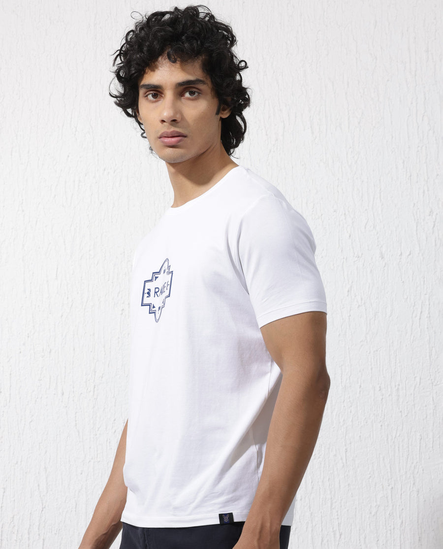 Rare Rabbit Men's Syrus White Cotton Blend Graphic Print Regular Fit Half Sleeve Crew Neck T-Shirt
