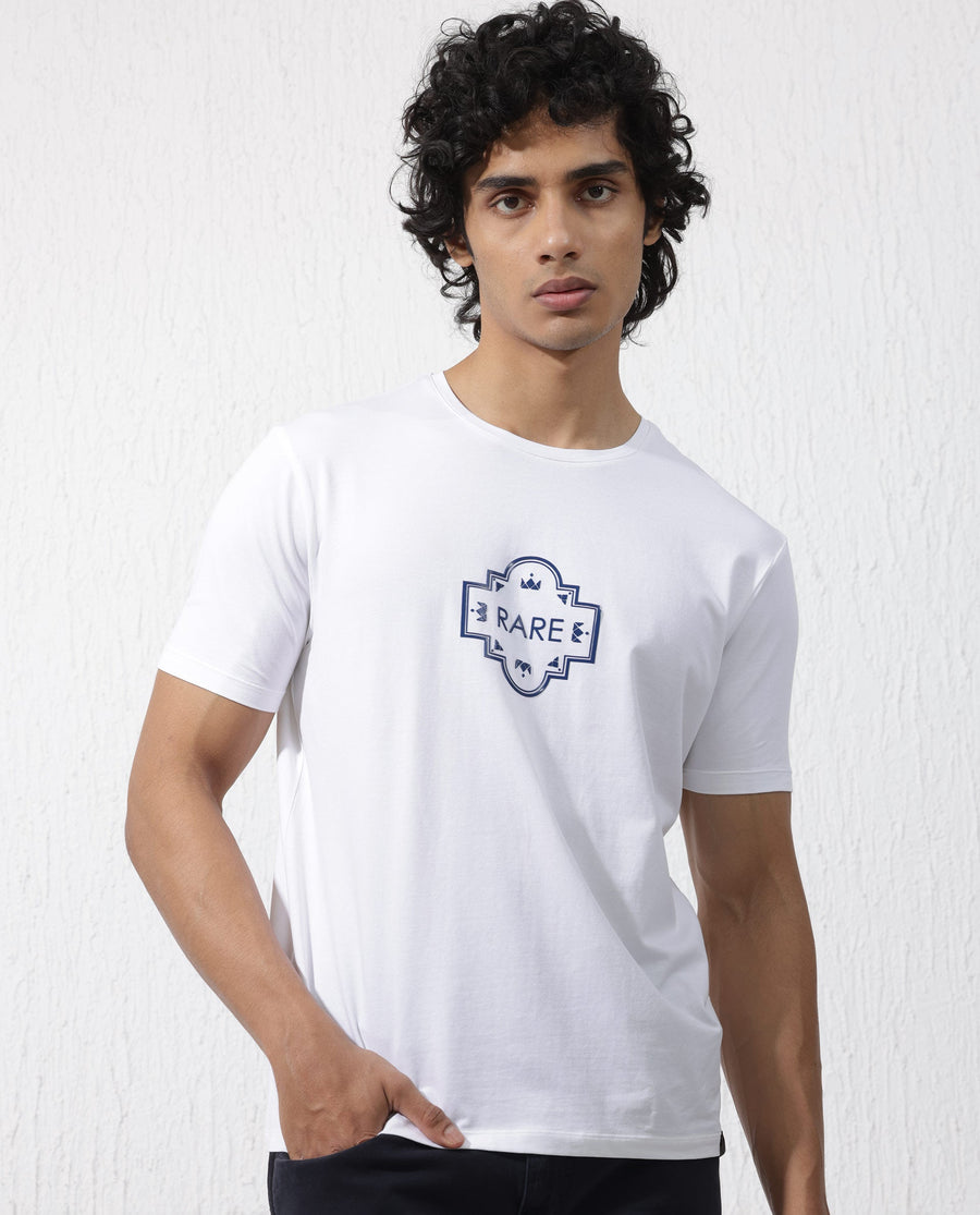 Rare Rabbit Men's Syrus White Cotton Blend Graphic Print Regular Fit Half Sleeve Crew Neck T-Shirt