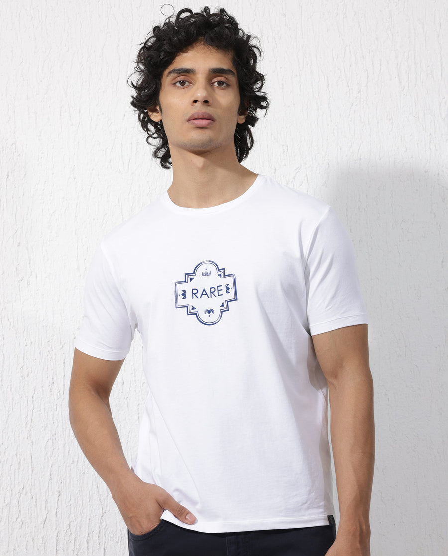 Rare Rabbit Men's Syrus White Cotton Blend Graphic Print Regular Fit Half Sleeve Crew Neck T-Shirt