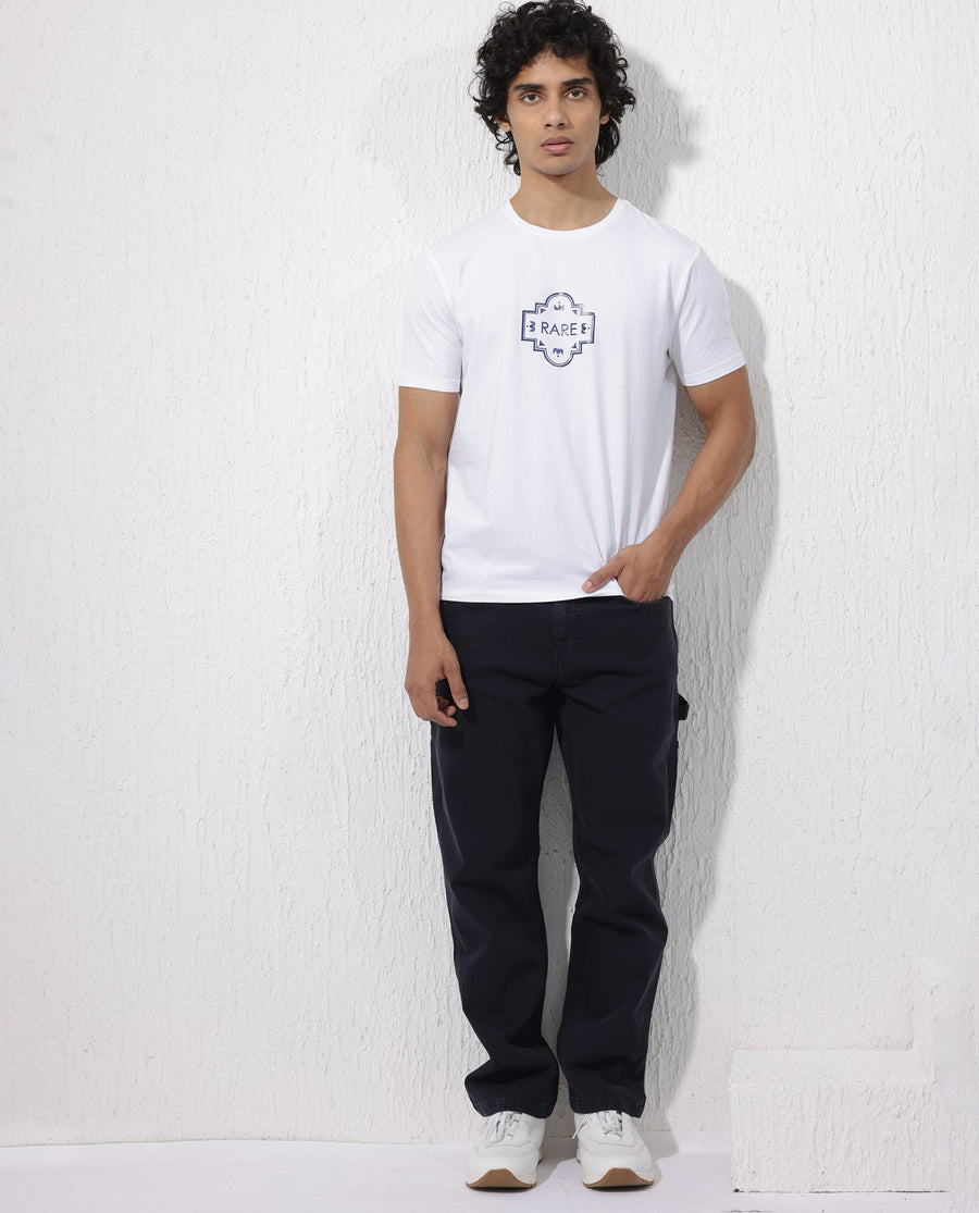 Rare Rabbit Men's Syrus White Cotton Blend Graphic Print Regular Fit Half Sleeve Crew Neck T-Shirt