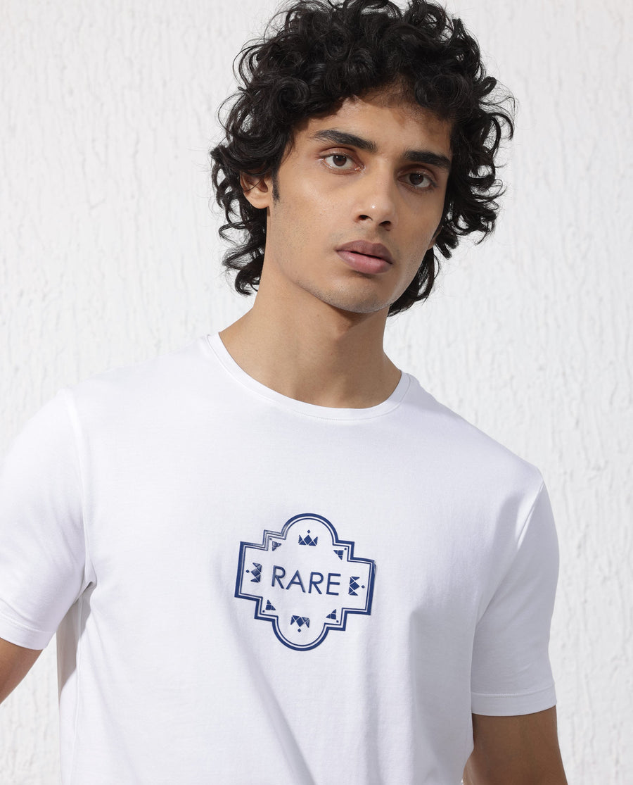 Rare Rabbit Men's Syrus White Cotton Blend Graphic Print Regular Fit Half Sleeve Crew Neck T-Shirt