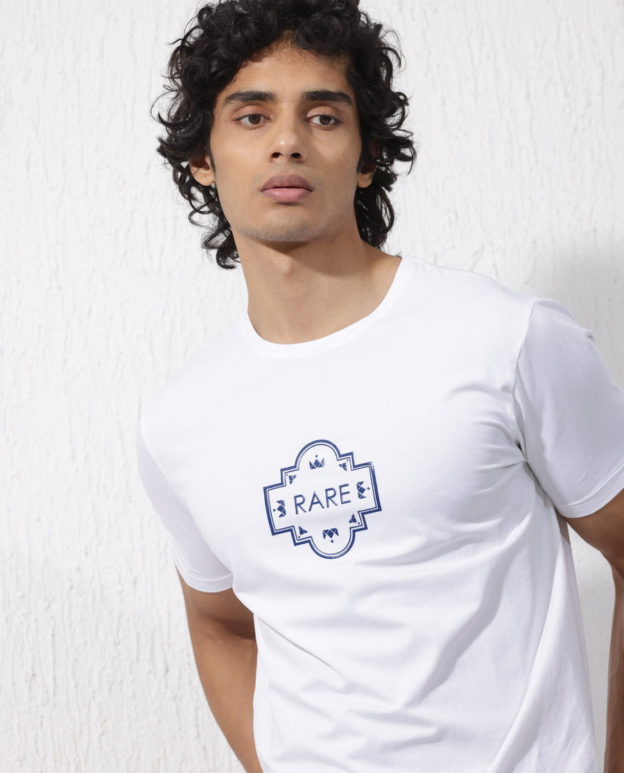 Rare Rabbit Men's Syrus White Cotton Blend Graphic Print Regular Fit Half Sleeve Crew Neck T-Shirt