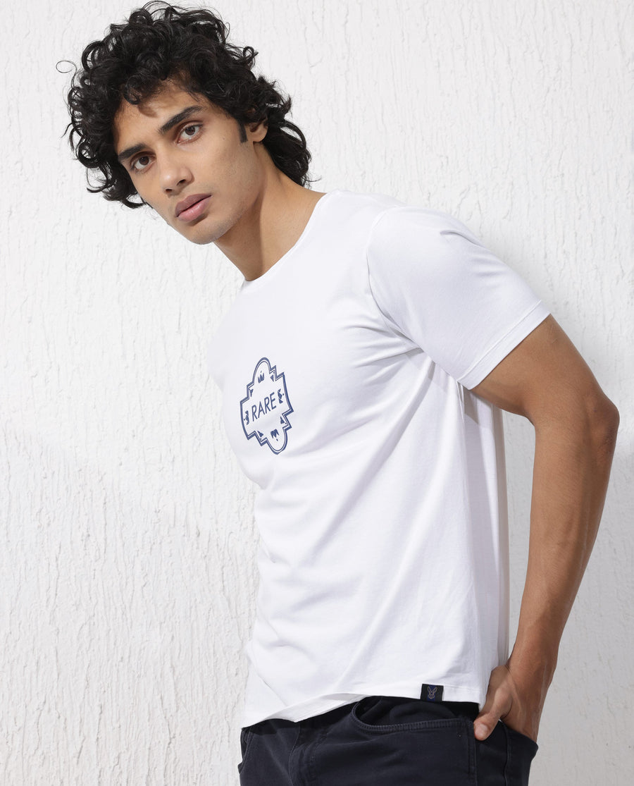 Rare Rabbit Men's Syrus White Cotton Blend Graphic Print Regular Fit Half Sleeve Crew Neck T-Shirt