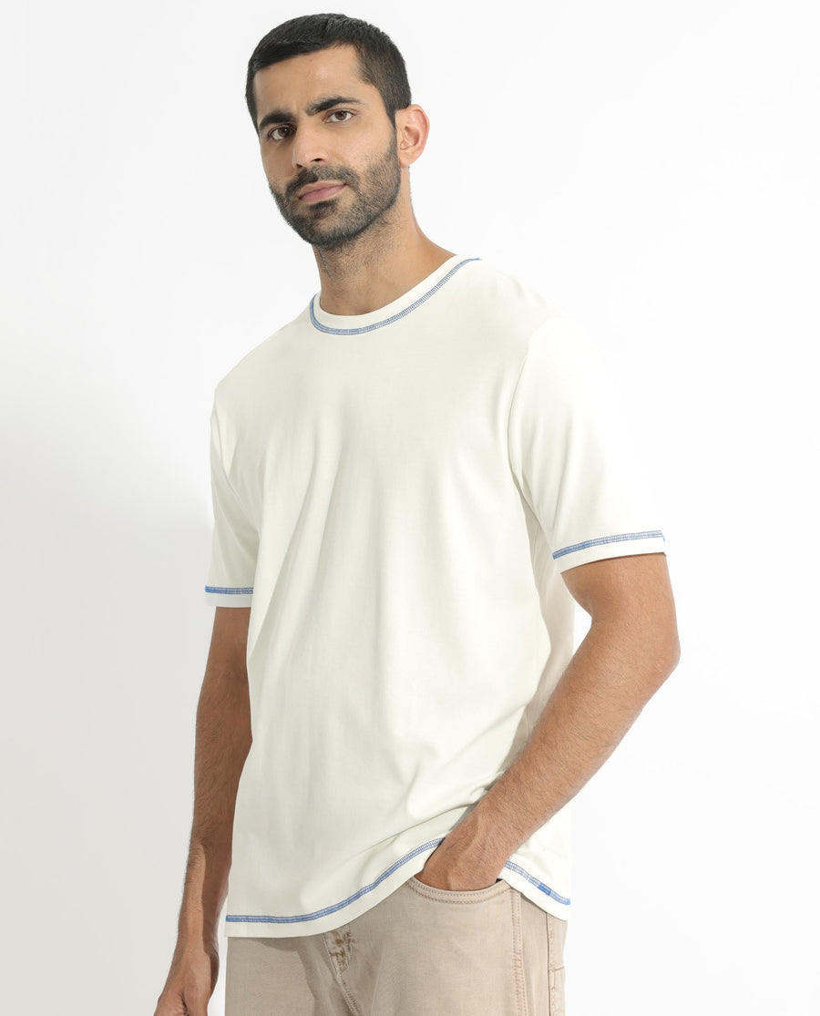 Rare Rabbit Men's Sable Off White Cotton Plain Boxy Fit Half Sleeve Crew Neck T-Shirt
