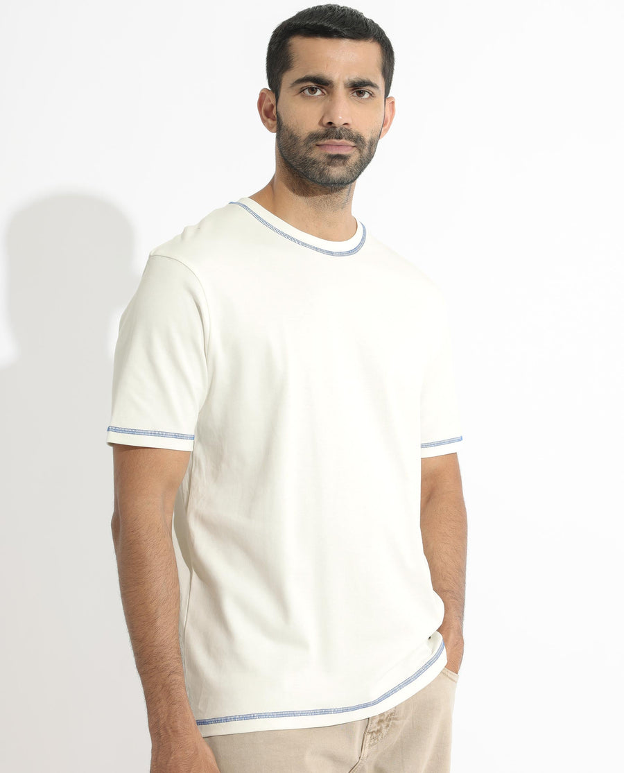 Rare Rabbit Men's Sable Off White Cotton Plain Boxy Fit Half Sleeve Crew Neck T-Shirt