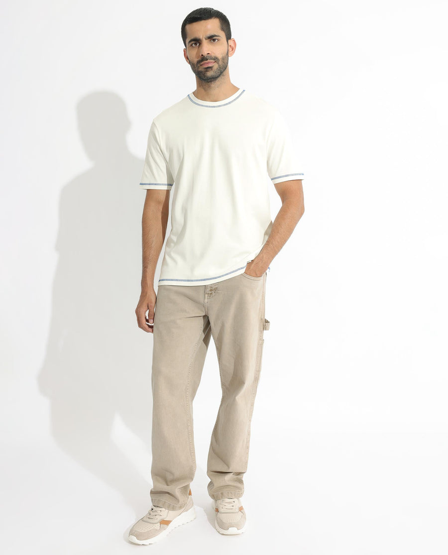 Rare Rabbit Men's Sable Off White Cotton Plain Boxy Fit Half Sleeve Crew Neck T-Shirt