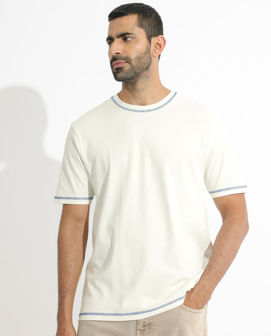 Rare Rabbit Men's Sable Off White Cotton Plain Boxy Fit Half Sleeve Crew Neck T-Shirt