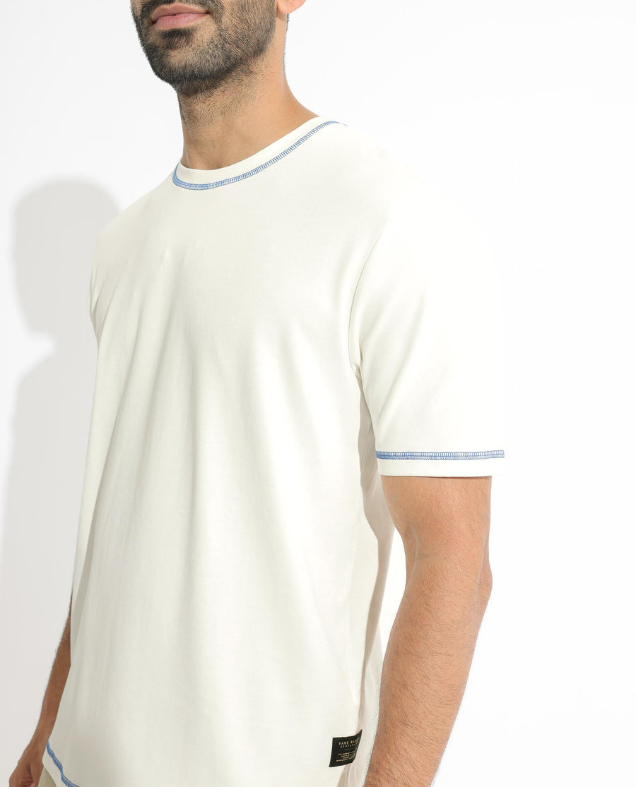 Rare Rabbit Men's Sable Off White Cotton Plain Boxy Fit Half Sleeve Crew Neck T-Shirt