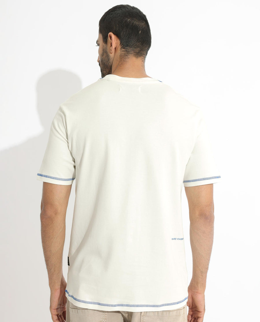 Rare Rabbit Men's Sable Off White Cotton Plain Boxy Fit Half Sleeve Crew Neck T-Shirt