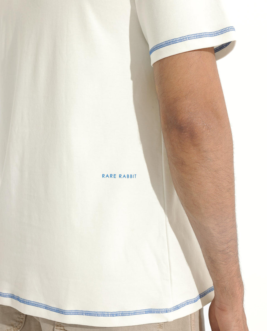 Rare Rabbit Men's Sable Off White Cotton Plain Boxy Fit Half Sleeve Crew Neck T-Shirt
