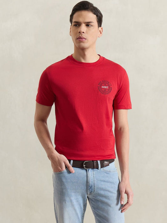 Gant Men Red Solid Regular Fit Pure Cotton T-Shirt