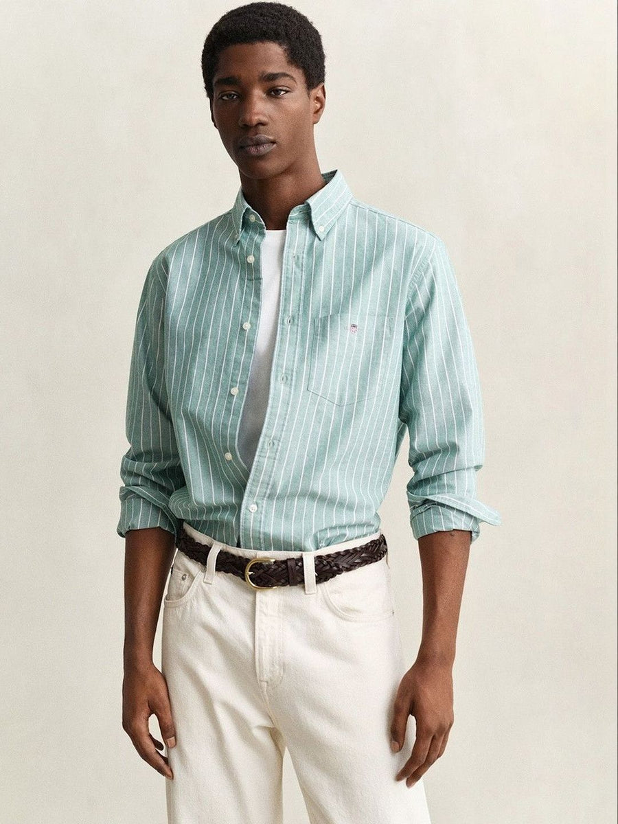 Gant Men Green Striped Regular Fit Classic Oxford Shirt