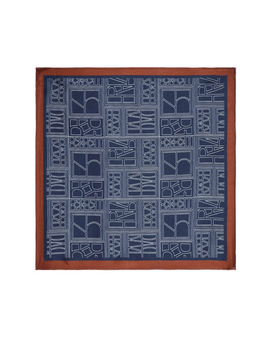 Rare Rabbit Men's Dani Royal Blue Silk Fabric Monogram Print Pocket Square