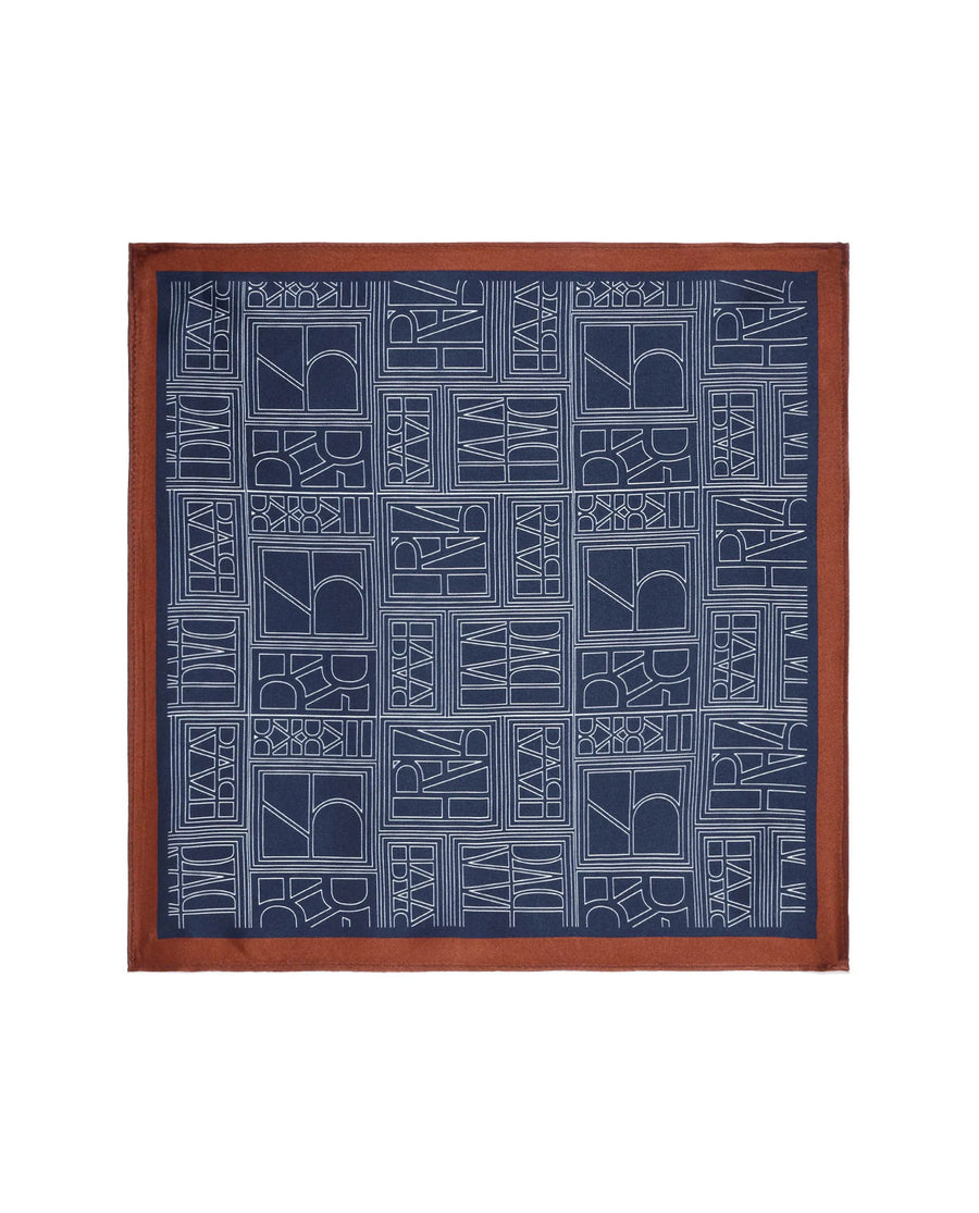 Rare Rabbit Men's Dani Royal Blue Silk Fabric Monogram Print Pocket Square
