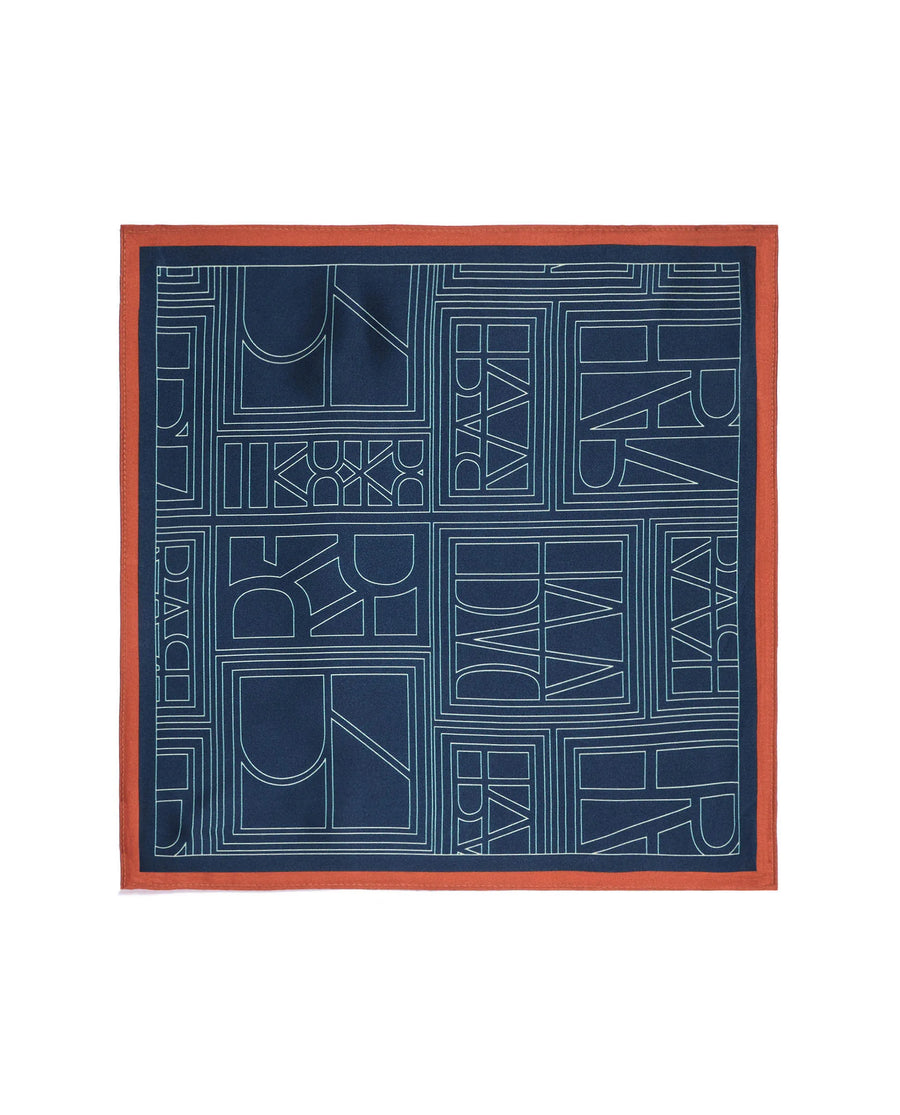 Rare Rabbit Men's Dani Blue Silk Fabric Monogram Print Pocket Square